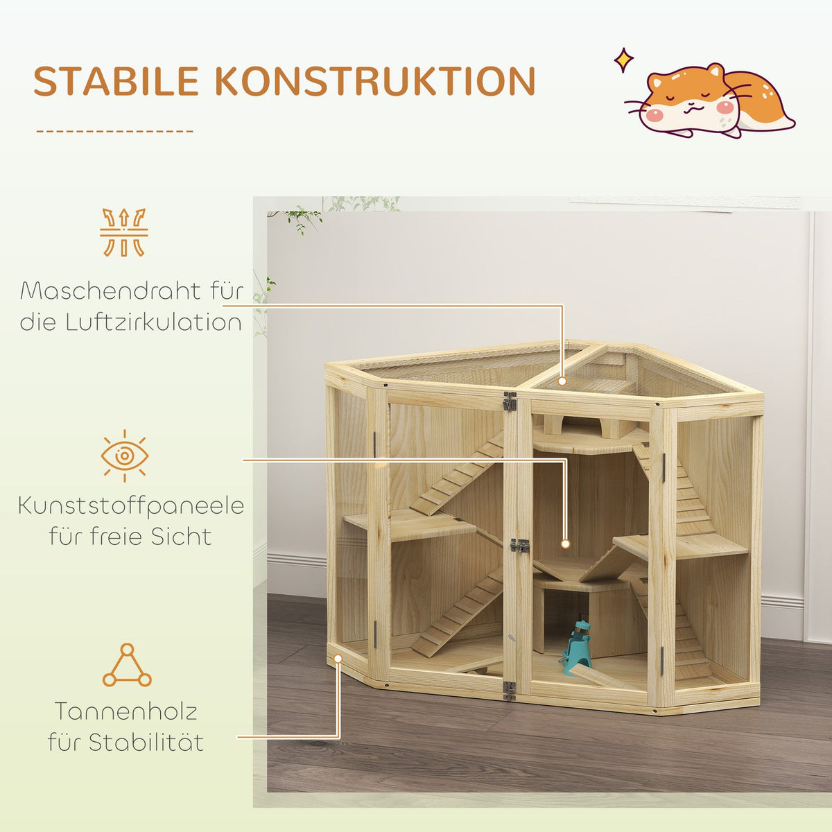 Wooden Hamster Cage, Small Animal Hutch with 4 Levels, Feeding Station, Rocker, Ramp, Huts, Guinea Pig Cage for Dwarf and Syrian Hamsters, 115 x 69.5 x 79 cm