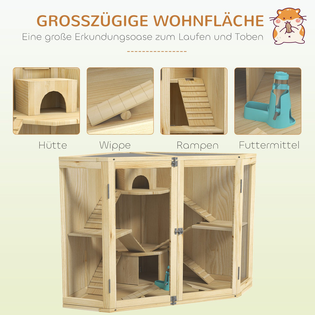 Wooden Hamster Cage, Small Animal Hutch with 4 Levels, Feeding Station, Rocker, Ramp, Huts, Guinea Pig Cage for Dwarf and Syrian Hamsters, 115 x 69.5 x 79 cm