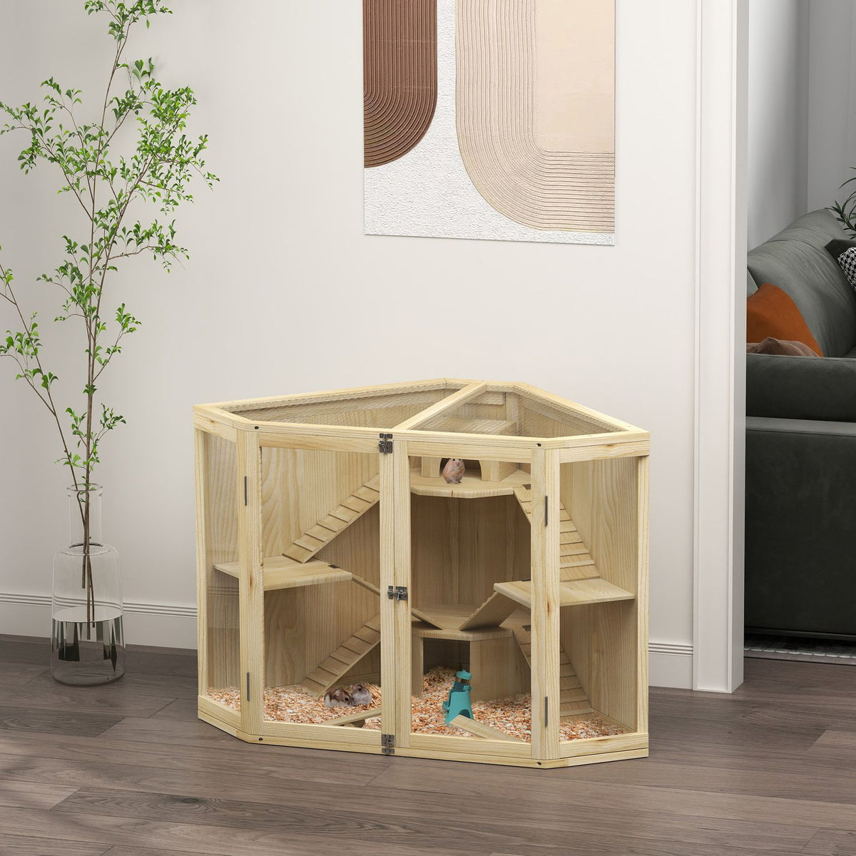 Wooden Hamster Cage, Small Animal Hutch with 4 Levels, Feeding Station, Rocker, Ramp, Huts, Guinea Pig Cage for Dwarf and Syrian Hamsters, 115 x 69.5 x 79 cm