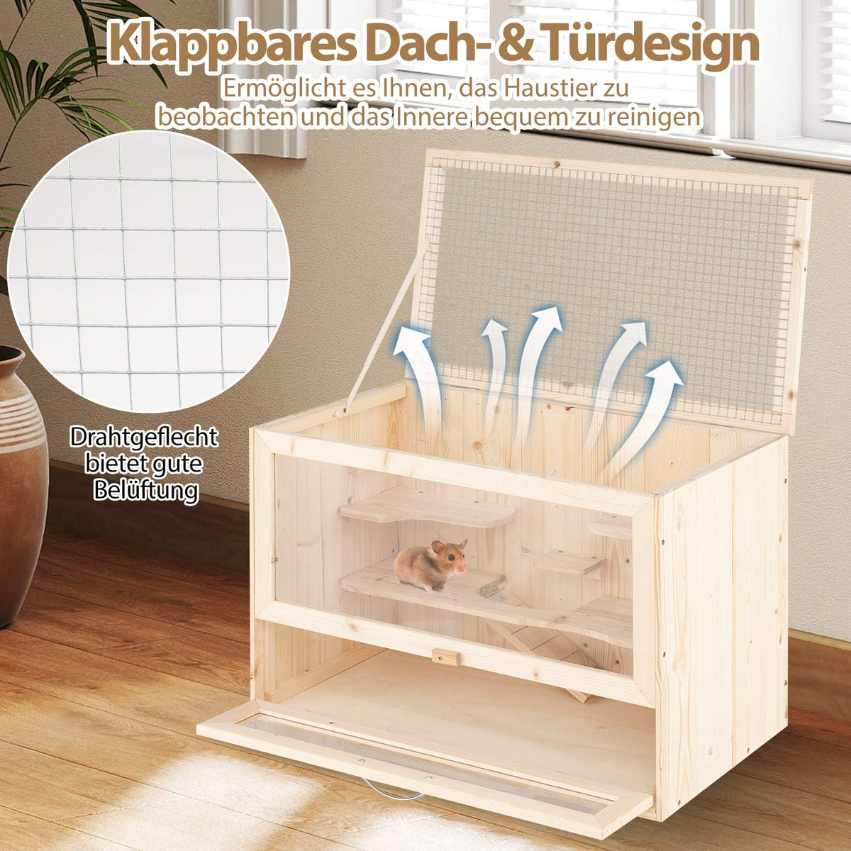 Wooden Hamster Cage with Mesh Lid & Multi-Ladders