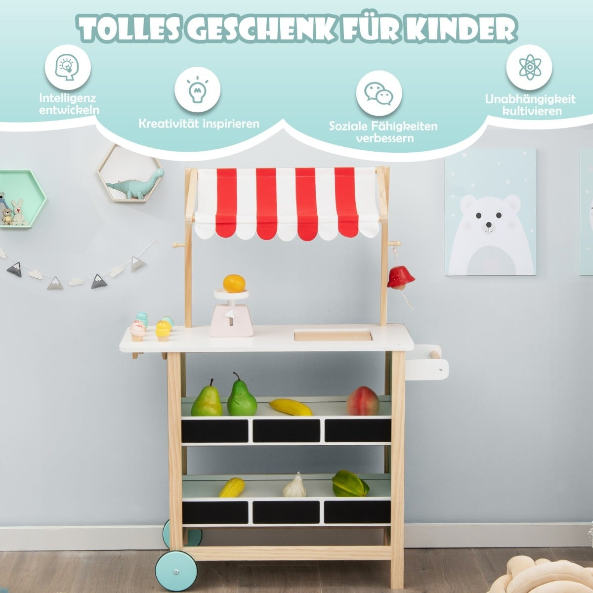 Wooden Ice Cream Cart for Kids with Market Shelves