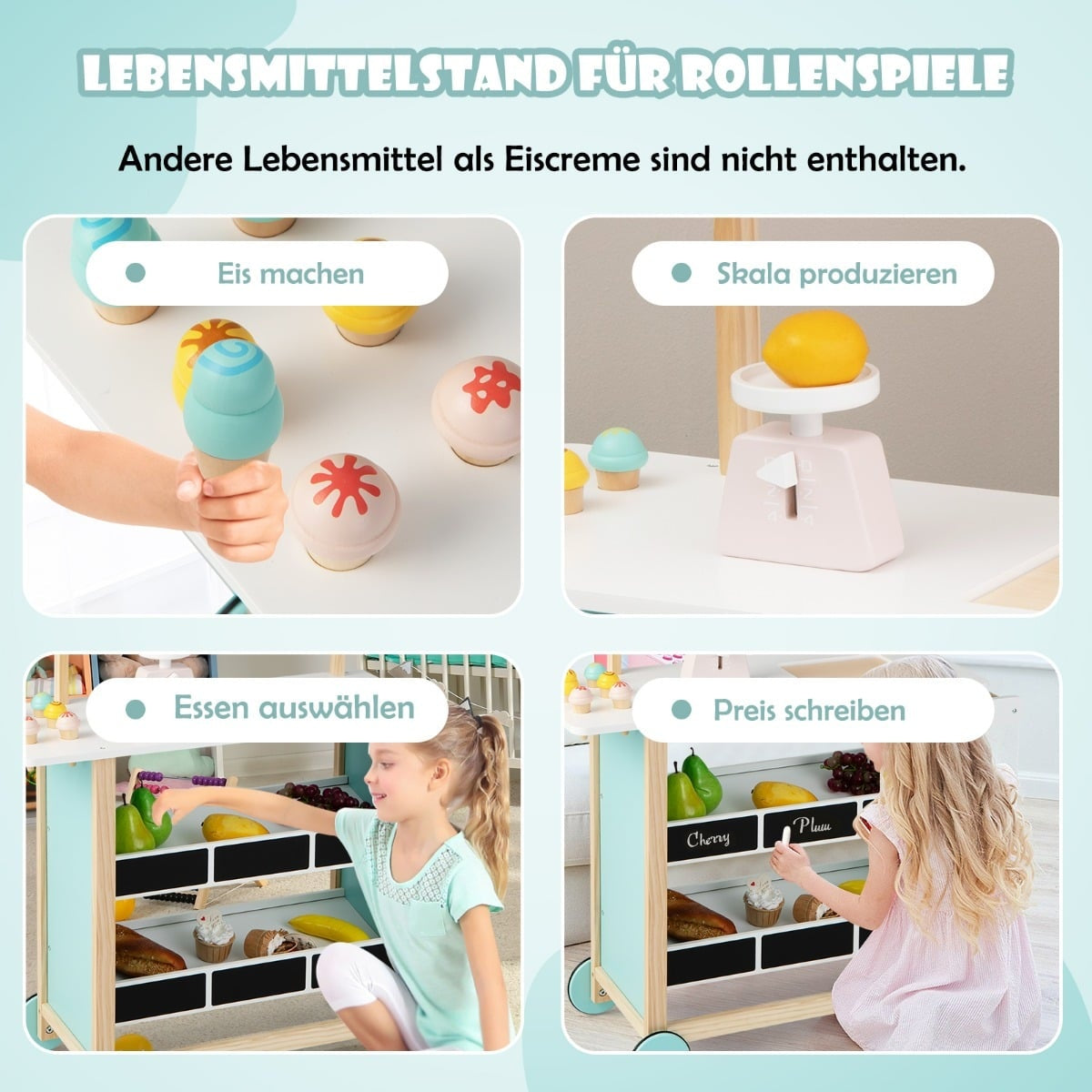 Wooden Ice Cream Cart for Kids with Market Shelves