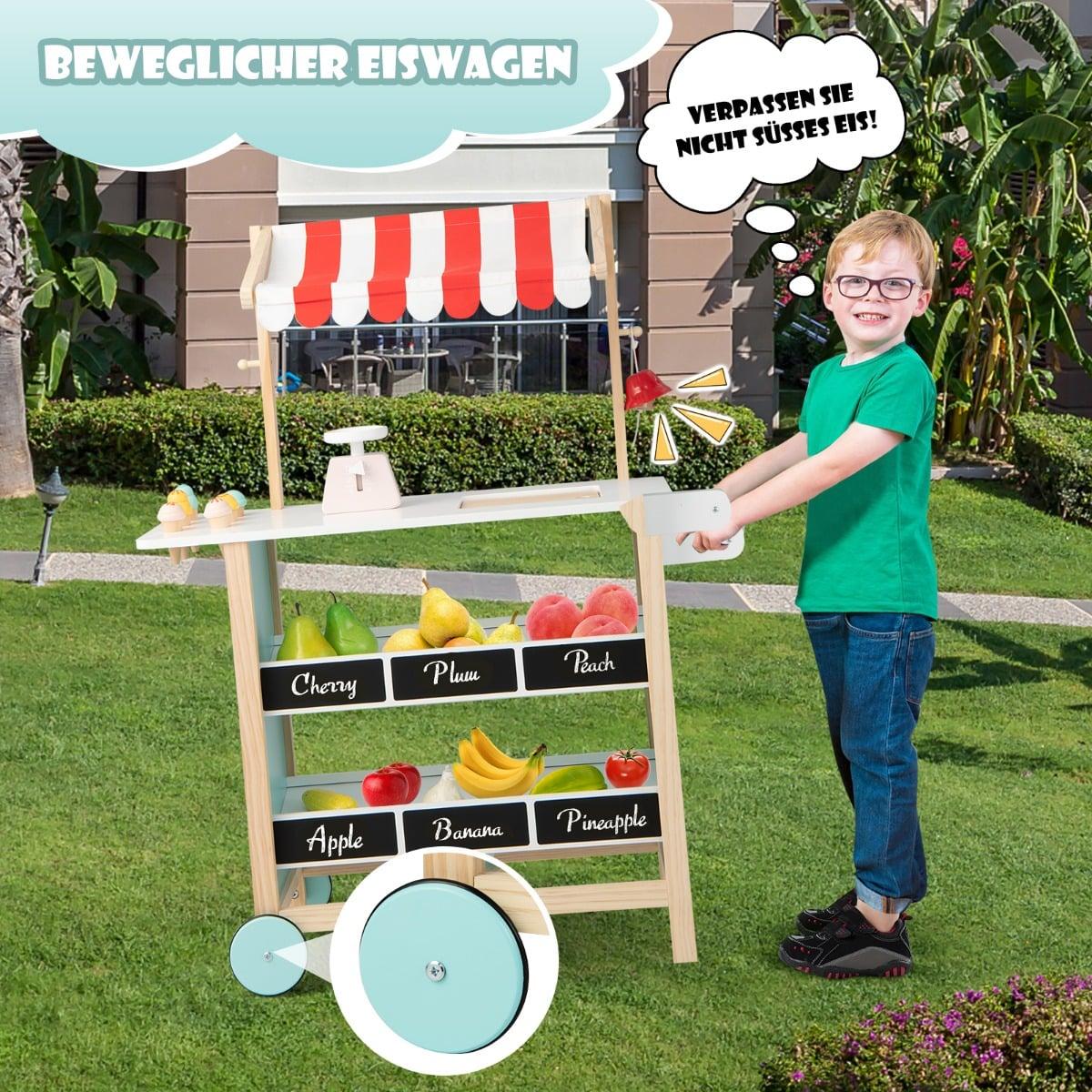 Wooden Ice Cream Cart for Kids with Market Shelves