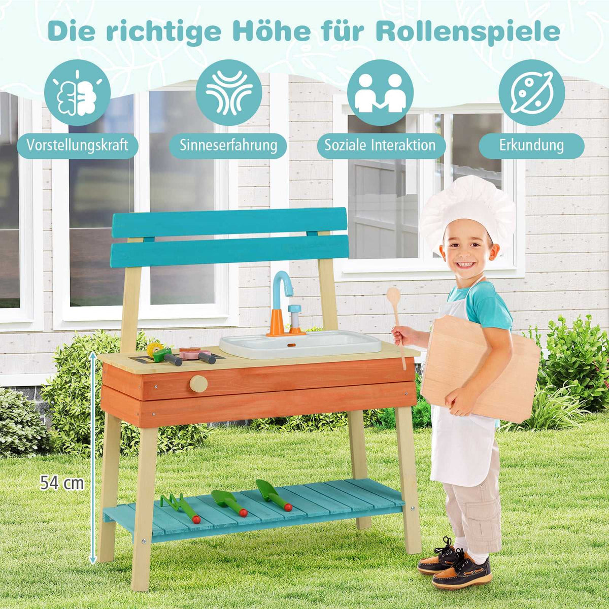 Wooden Kids Play Kitchen with Grill & Water Feature