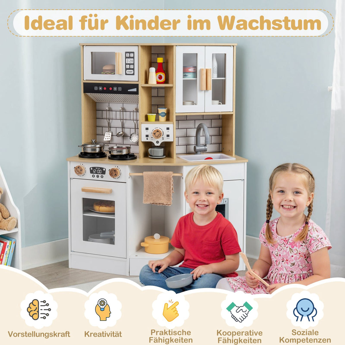 Wooden Kids Play Kitchen with Light, Sound, and Ice Maker