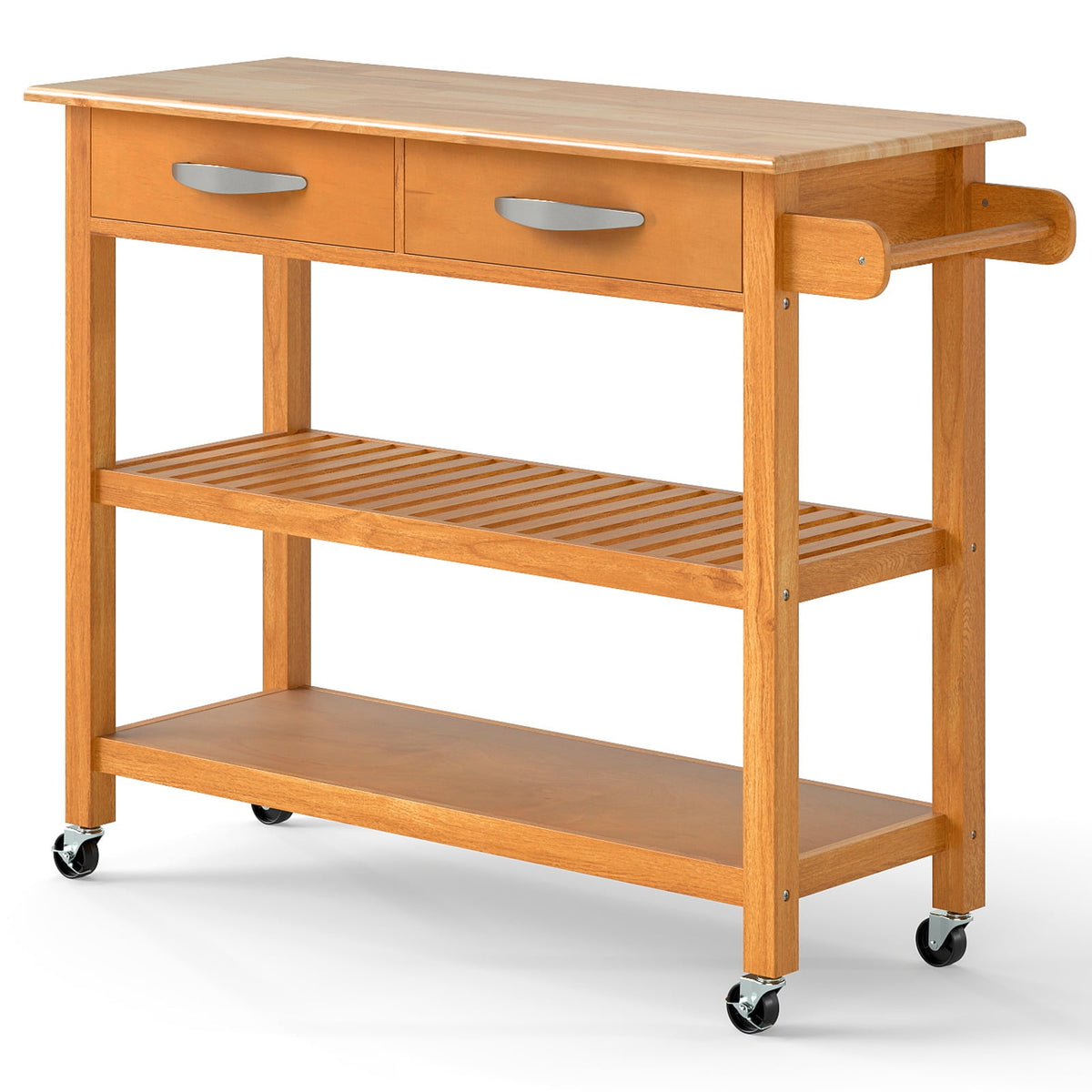 Wooden Kitchen Cart with Countertop, Drawers & Shelves