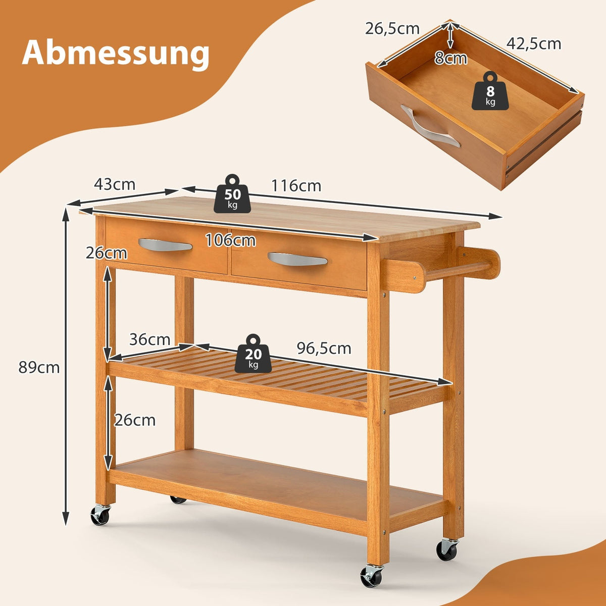 Wooden Kitchen Cart with Countertop, Drawers & Shelves