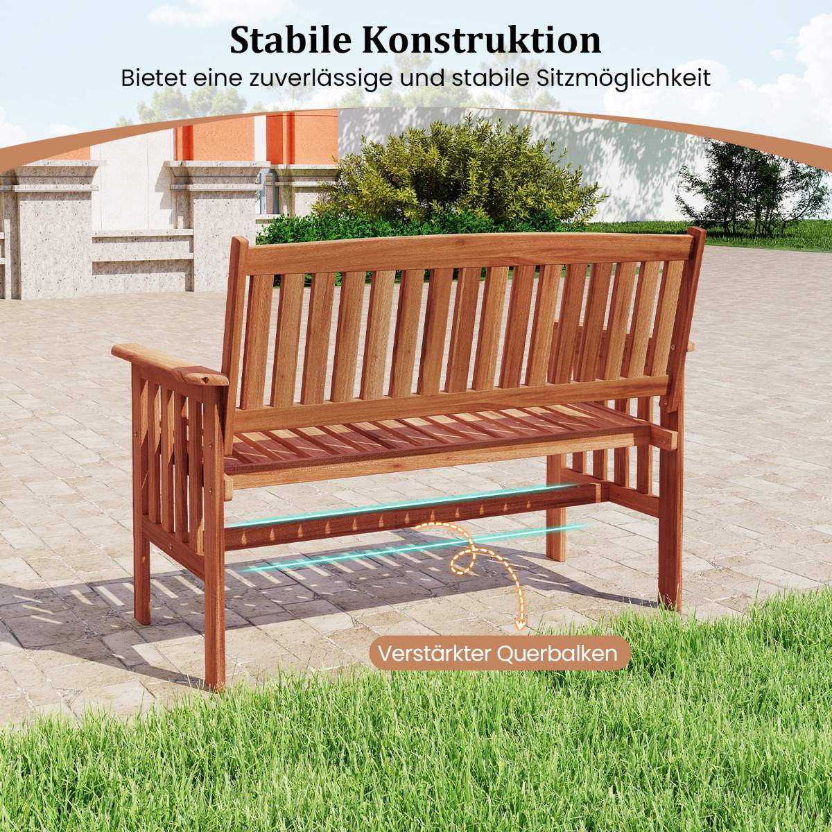 Wooden Outdoor Bench with Armrests, 2-Seater, Adjustable Back