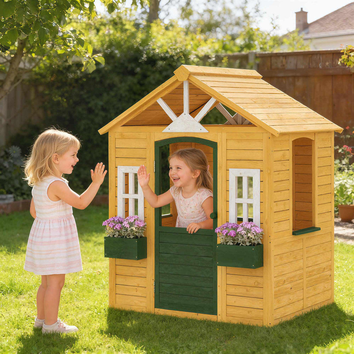 Wooden Outdoor Playhouse with Door, Windows & Planters