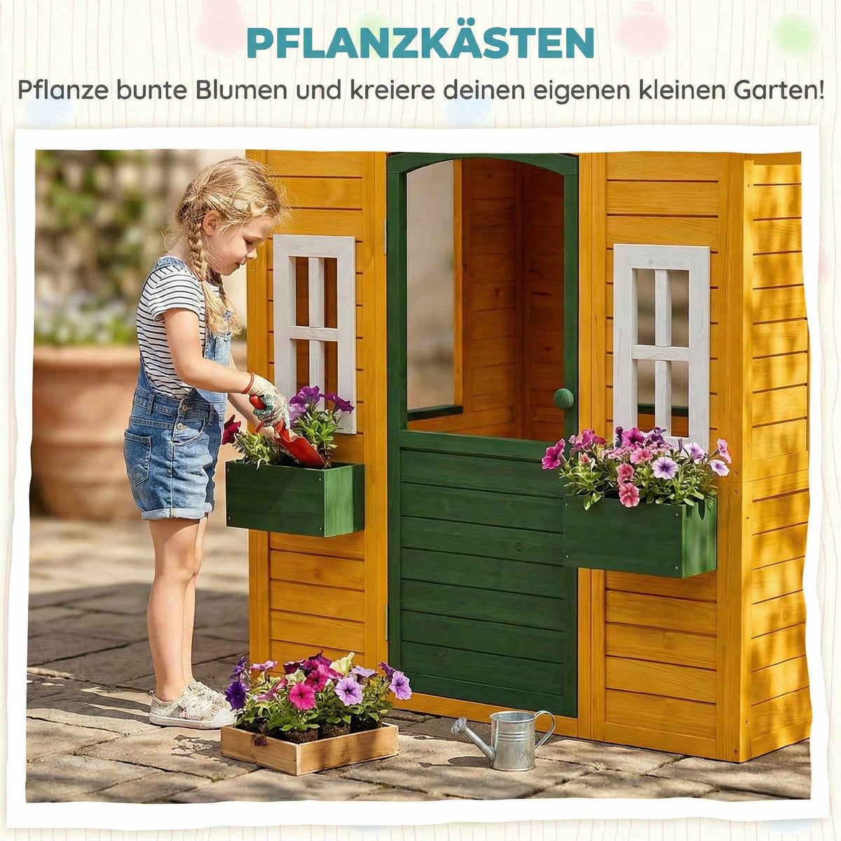 Wooden Outdoor Playhouse with Door, Windows & Planters