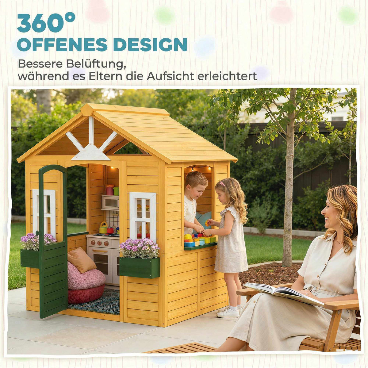 Wooden Outdoor Playhouse with Door, Windows & Planters