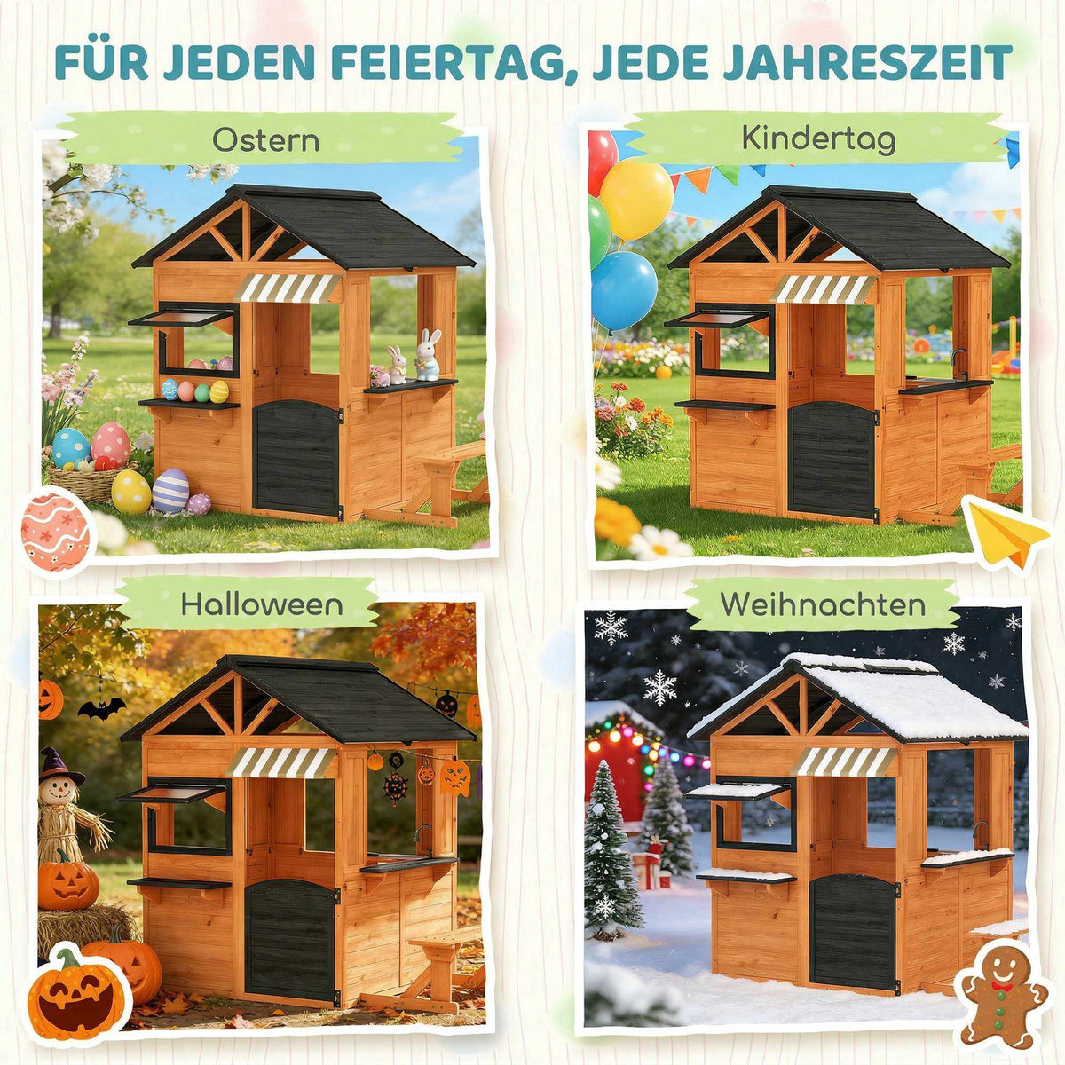 Wooden Outdoor Playhouse with Kitchen and Bench for Kids