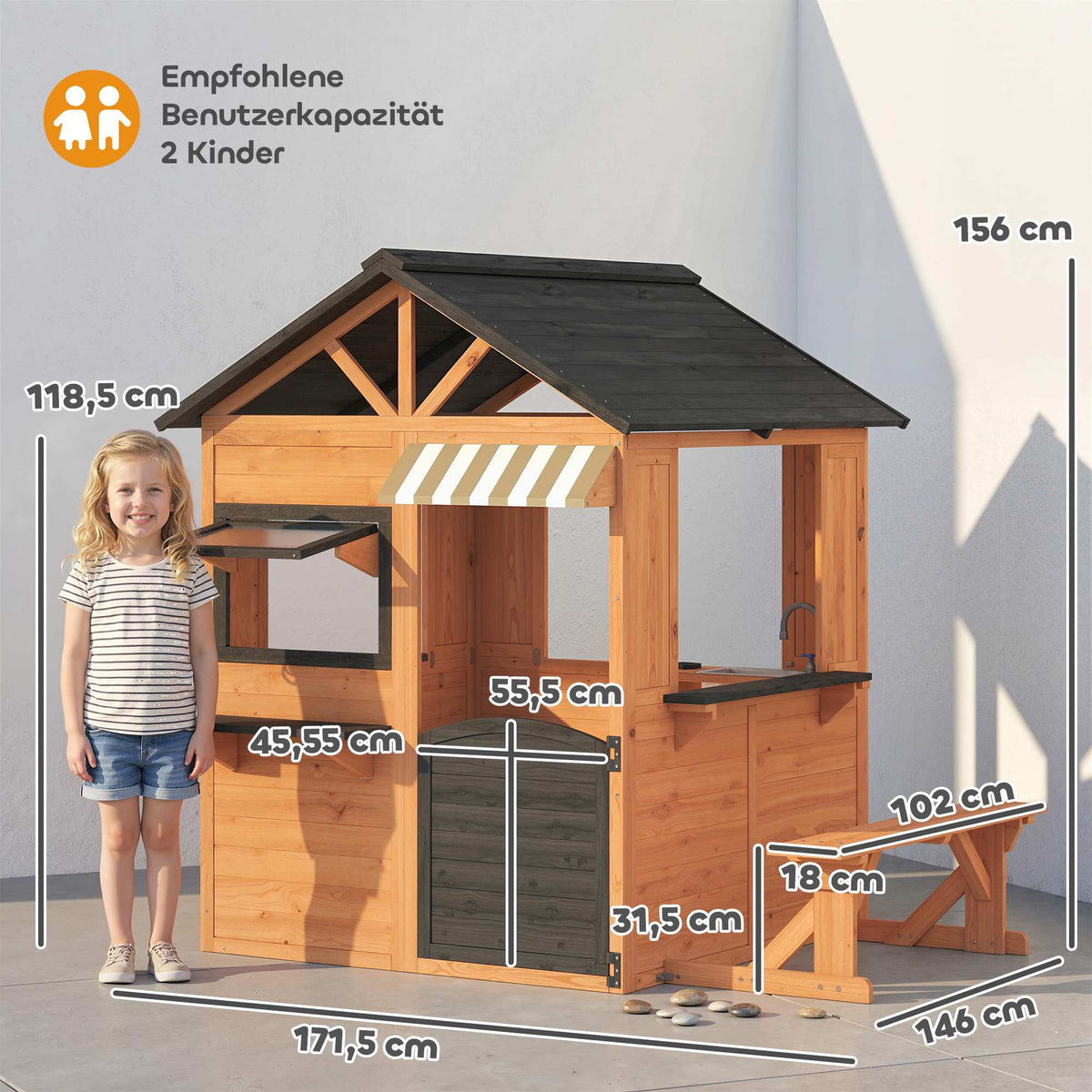 Wooden Outdoor Playhouse with Kitchen and Bench for Kids