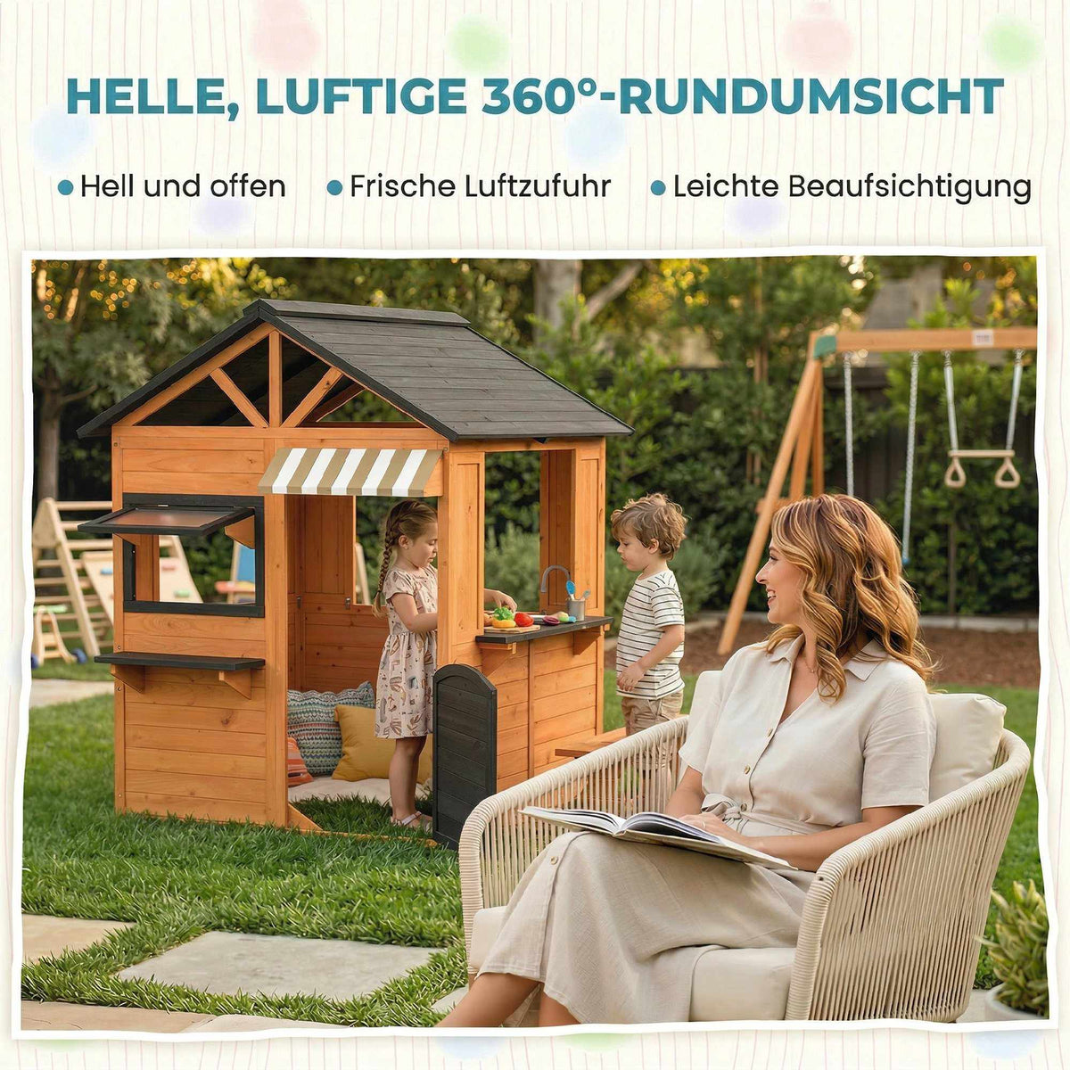 Wooden Outdoor Playhouse with Kitchen and Bench for Kids