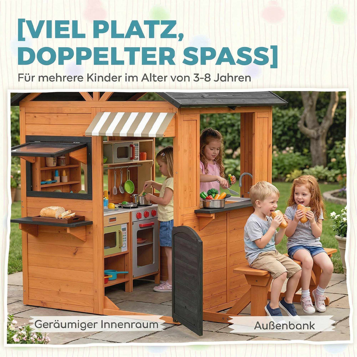 Wooden Outdoor Playhouse with Kitchen and Bench for Kids