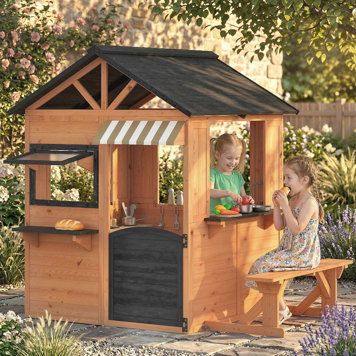 Wooden Outdoor Playhouse with Kitchen and Bench for Kids