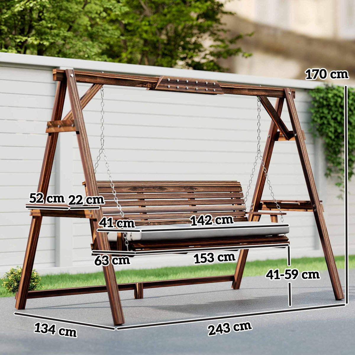 Wooden Outdoor Swing Chair with Cushion, 3-Seater