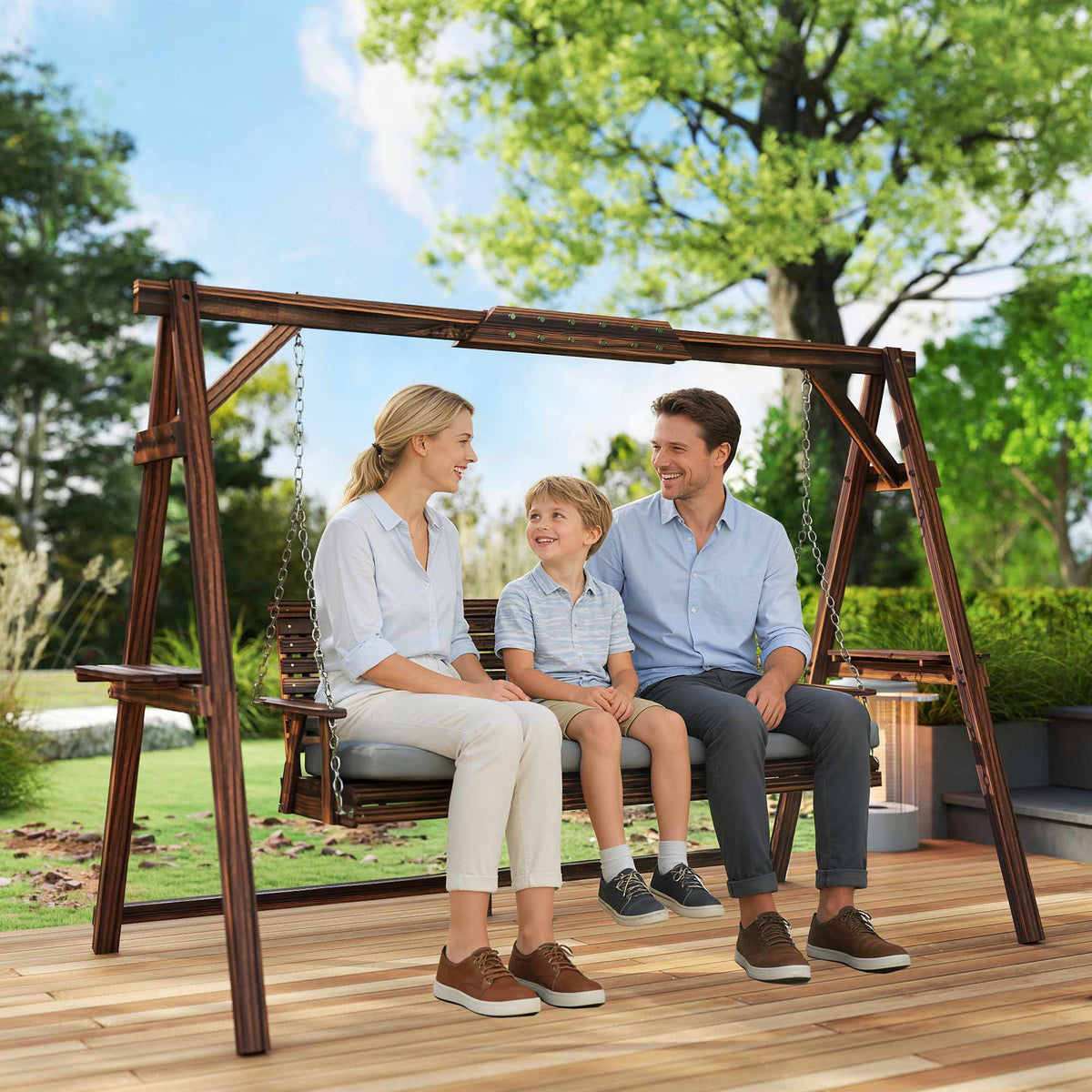 Wooden Outdoor Swing Chair with Cushion, 3-Seater