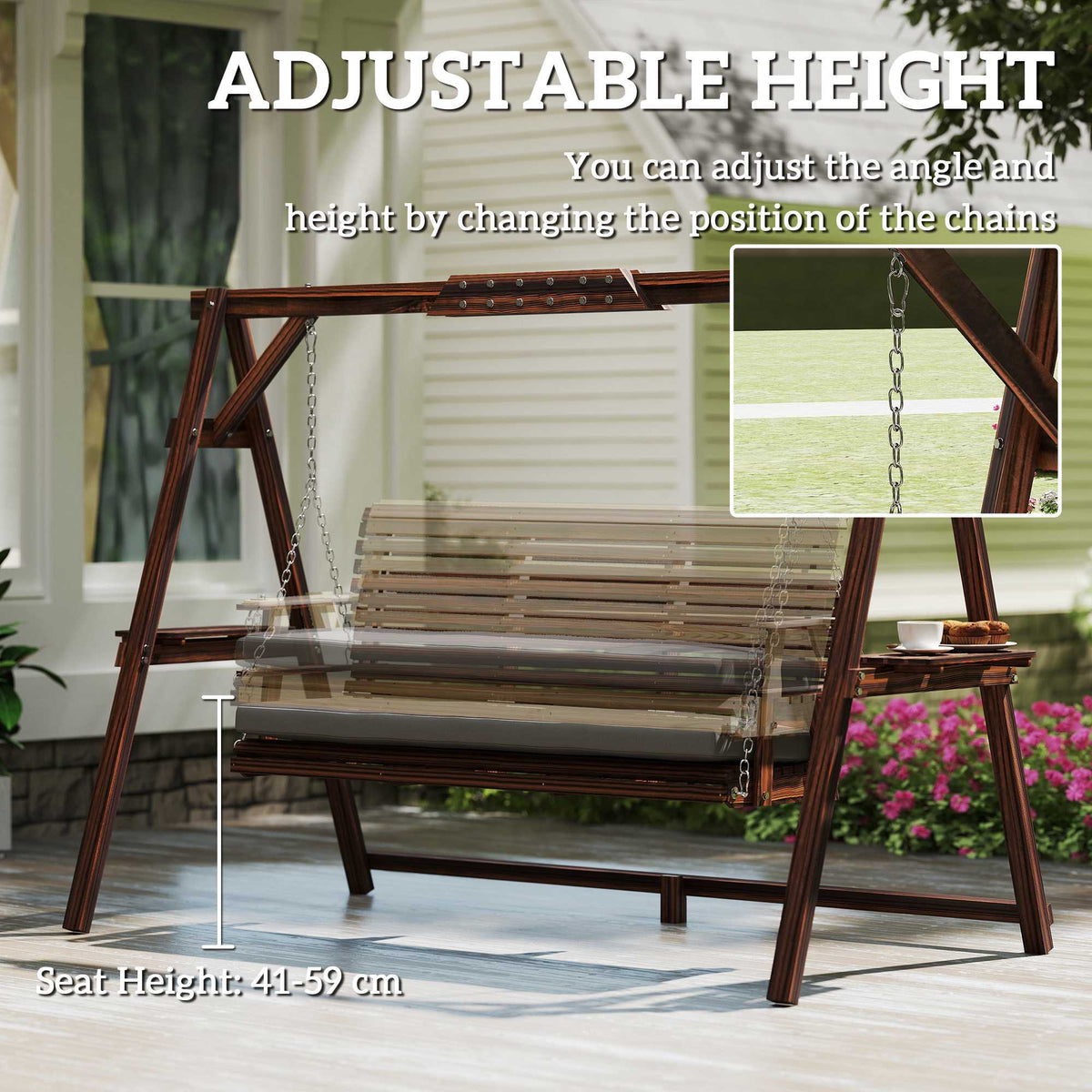 Wooden Outdoor Swing Chair with Cushion, 3-Seater