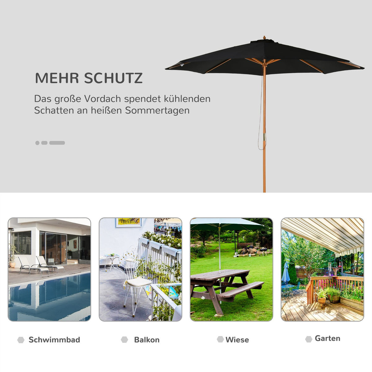 Wooden Parasol 300 Cm Garden Umbrella Balcony Umbrella Made Of Bamboo Black Robust & Elegant