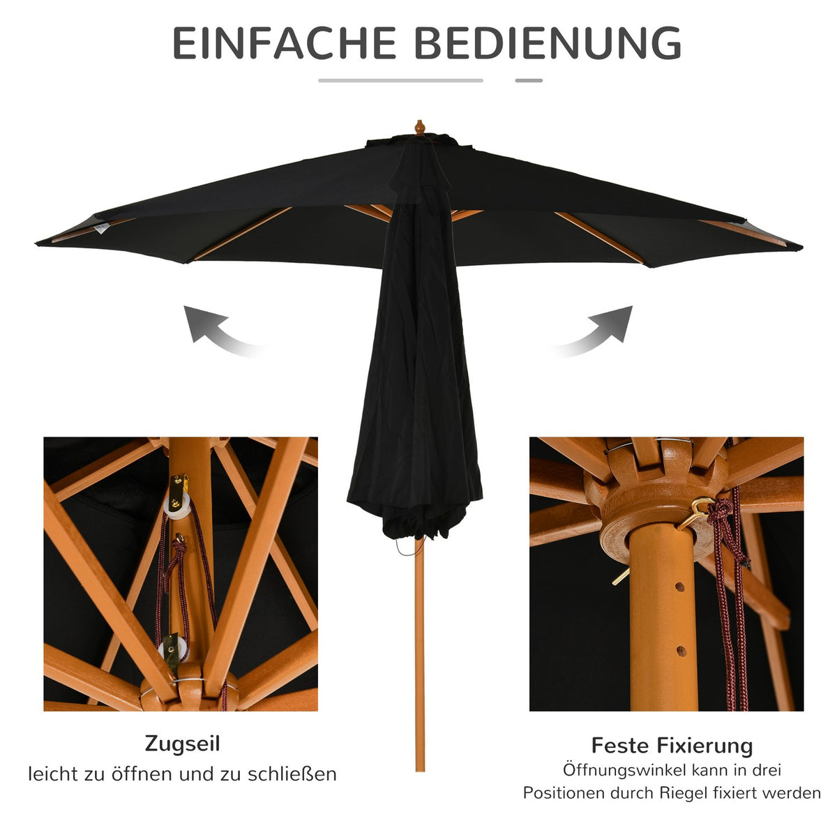 Wooden Parasol 300 Cm Garden Umbrella Balcony Umbrella Made Of Bamboo Black Robust & Elegant