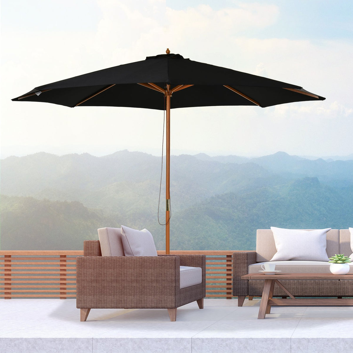 Wooden Parasol 300 Cm Garden Umbrella Balcony Umbrella Made Of Bamboo Black Robust & Elegant