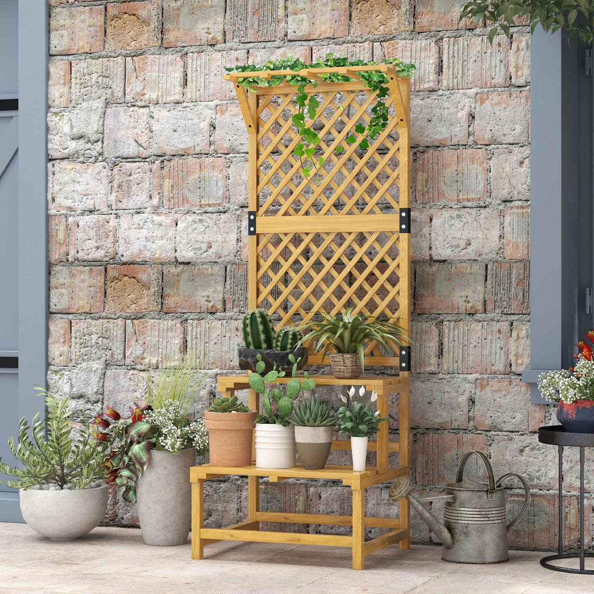 Wooden Plant Stand 2 Tier Flower Stairs Trellis Flower Shelf Plant Stairs Garden Patio Yellow 60X50X166Cm