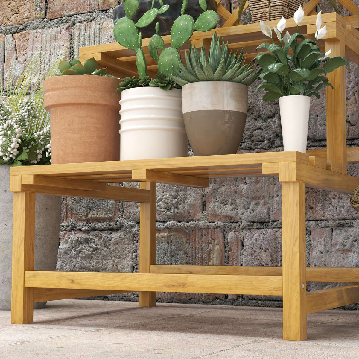 Wooden Plant Stand 2 Tier Flower Stairs Trellis Flower Shelf Plant Stairs Garden Patio Yellow 60X50X166Cm