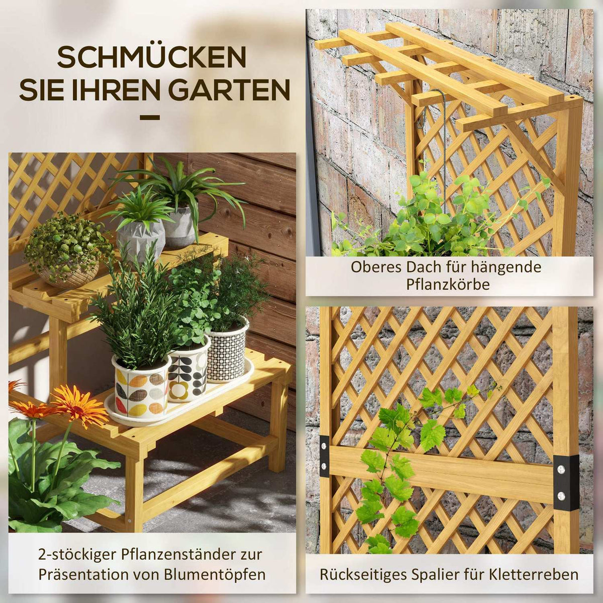 Wooden Plant Stand 2 Tier Flower Stairs Trellis Flower Shelf Plant Stairs Garden Patio Yellow 60X50X166Cm