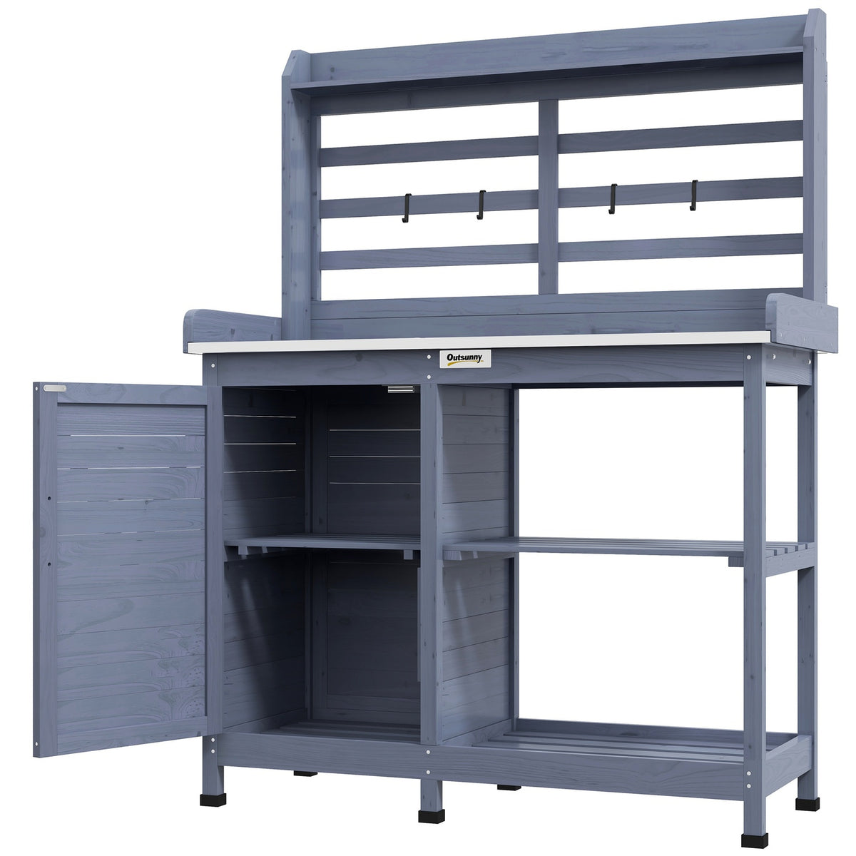 Wooden Plant Table Garden Table with Cabinet & Worktop 112x47x146cm Grey, 2 Shelves & 4 Hooks for Garden Lovers