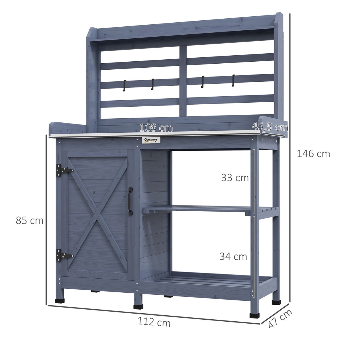 Wooden Plant Table Garden Table with Cabinet & Worktop 112x47x146cm Grey, 2 Shelves & 4 Hooks for Garden Lovers