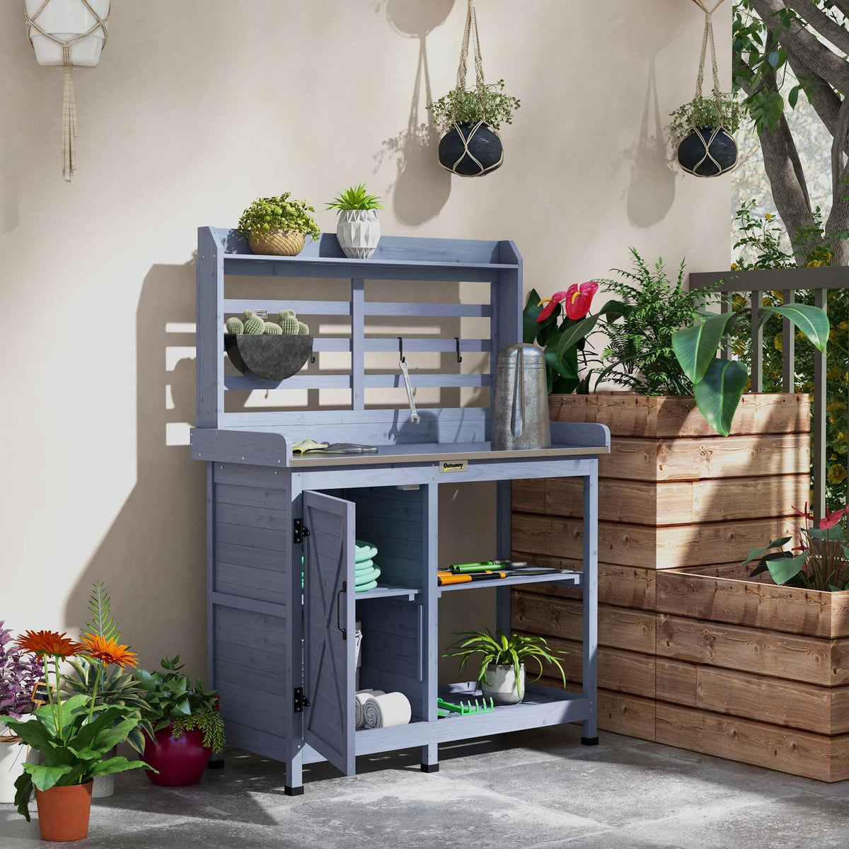Wooden Plant Table Garden Table with Cabinet & Worktop 112x47x146cm Grey, 2 Shelves & 4 Hooks for Garden Lovers