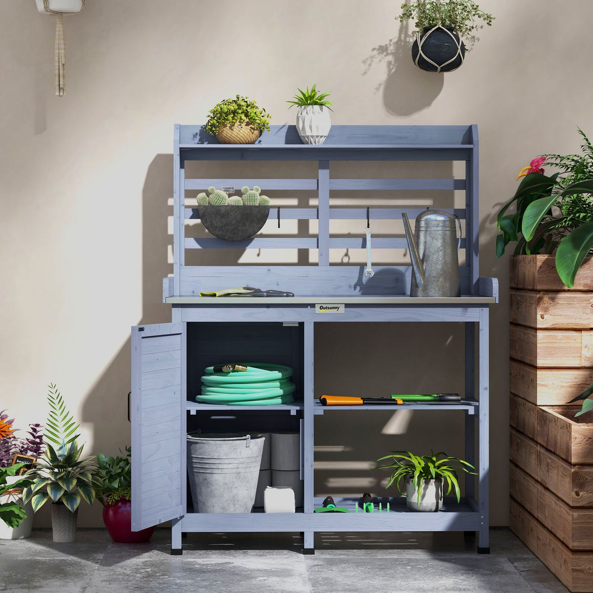 Wooden Plant Table Garden Table with Cabinet & Worktop 112x47x146cm Grey, 2 Shelves & 4 Hooks for Garden Lovers