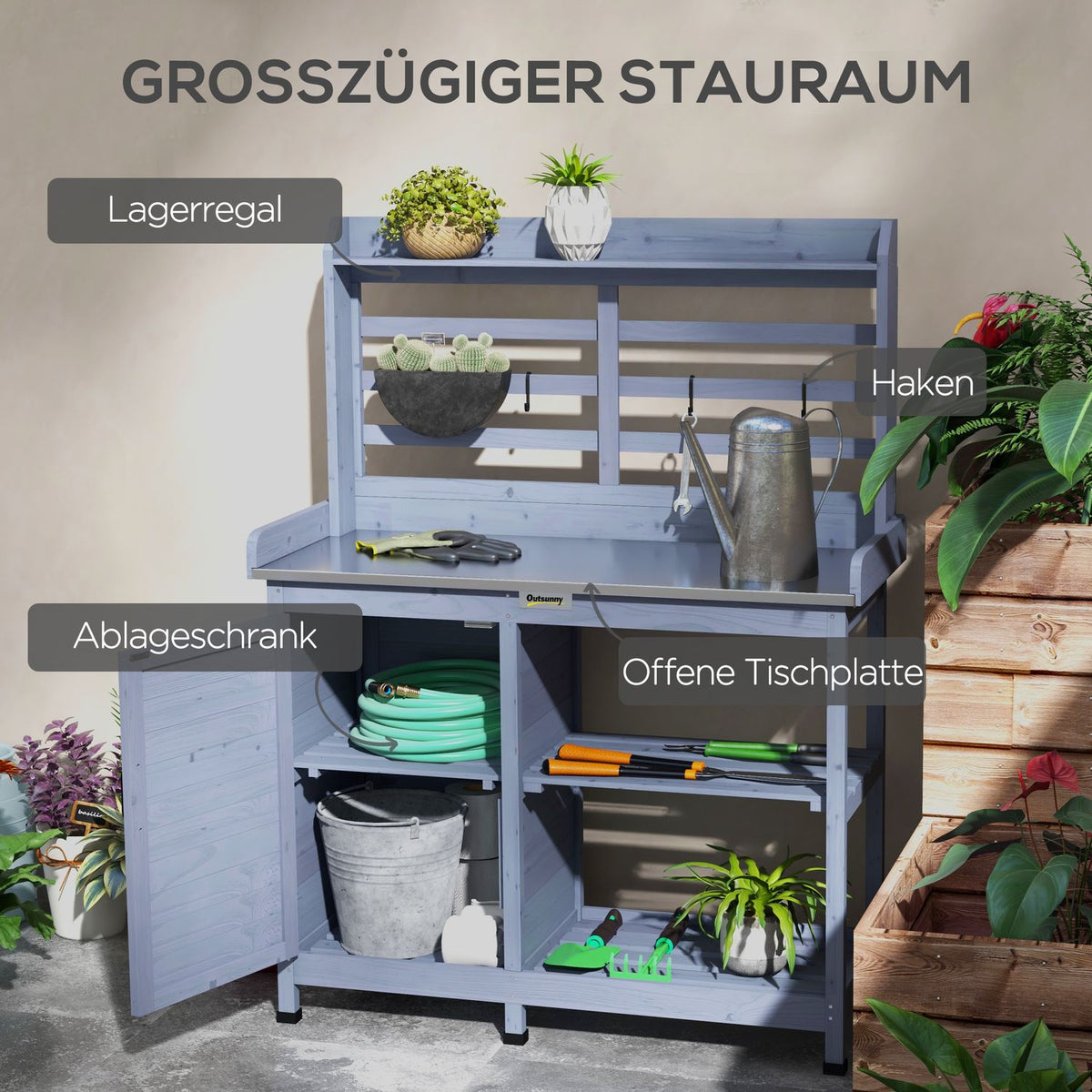Wooden Plant Table Garden Table with Cabinet & Worktop 112x47x146cm Grey, 2 Shelves & 4 Hooks for Garden Lovers