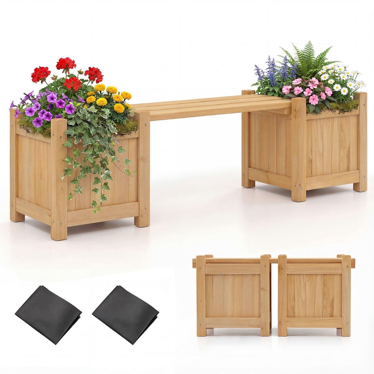 Wooden Planter Bench with 2 Side Planters, Teak Oil Finish