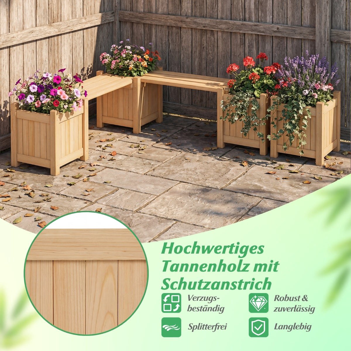 Wooden Planter Bench with 2 Side Planters, Teak Oil Finish