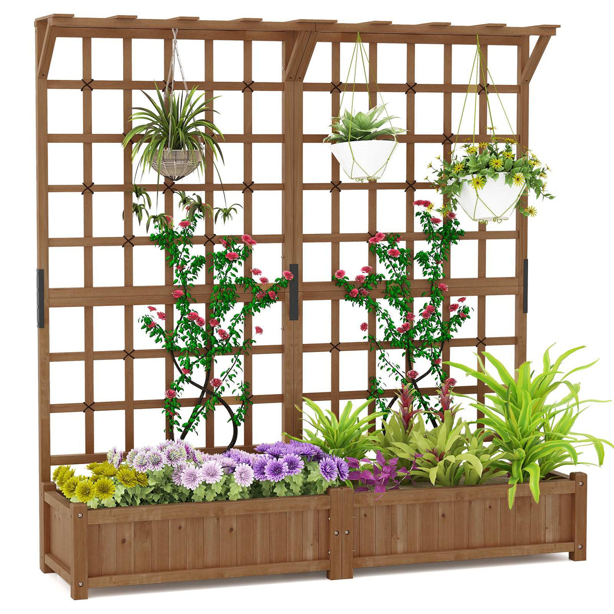 Wooden Planter Box with Trellis & Roof for Climbing Plants