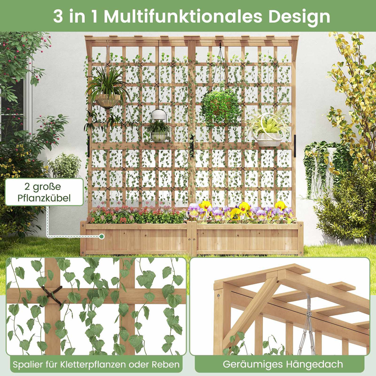 Wooden Planter Box with Trellis & Roof for Climbing Plants
