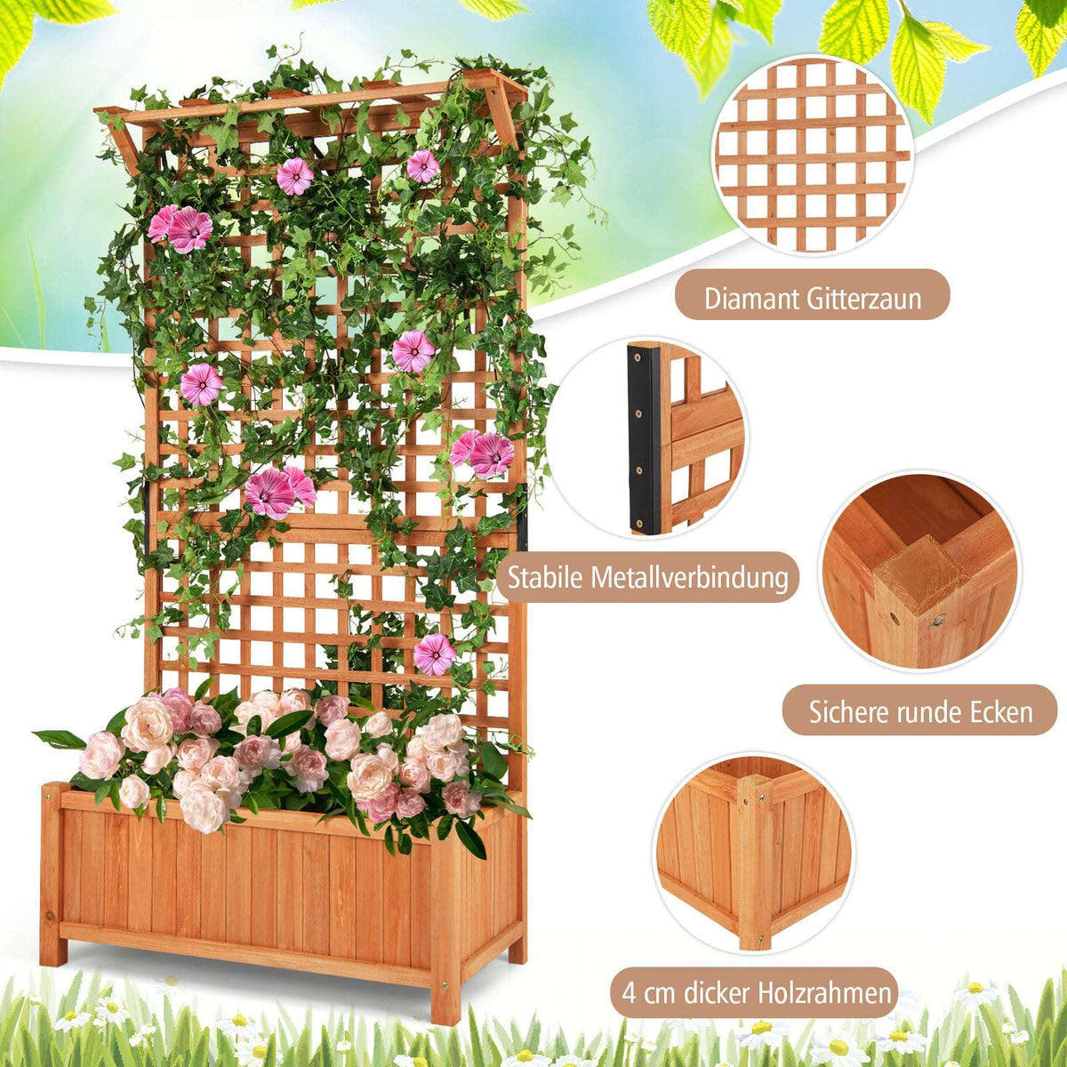 Wooden Planter Box with Trellis and Drainage Holes