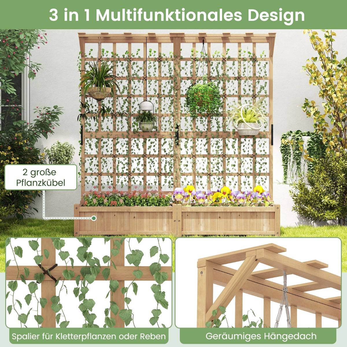 Wooden Planter Box with Trellis and Roof, 3-in-1 Design