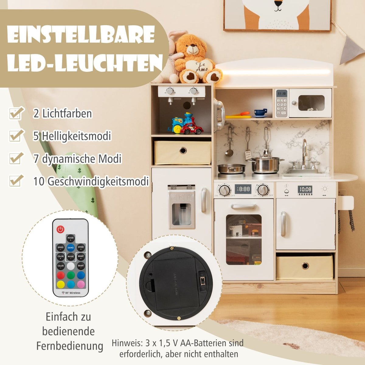 Wooden Play Kitchen Set with LED Lights & Storage