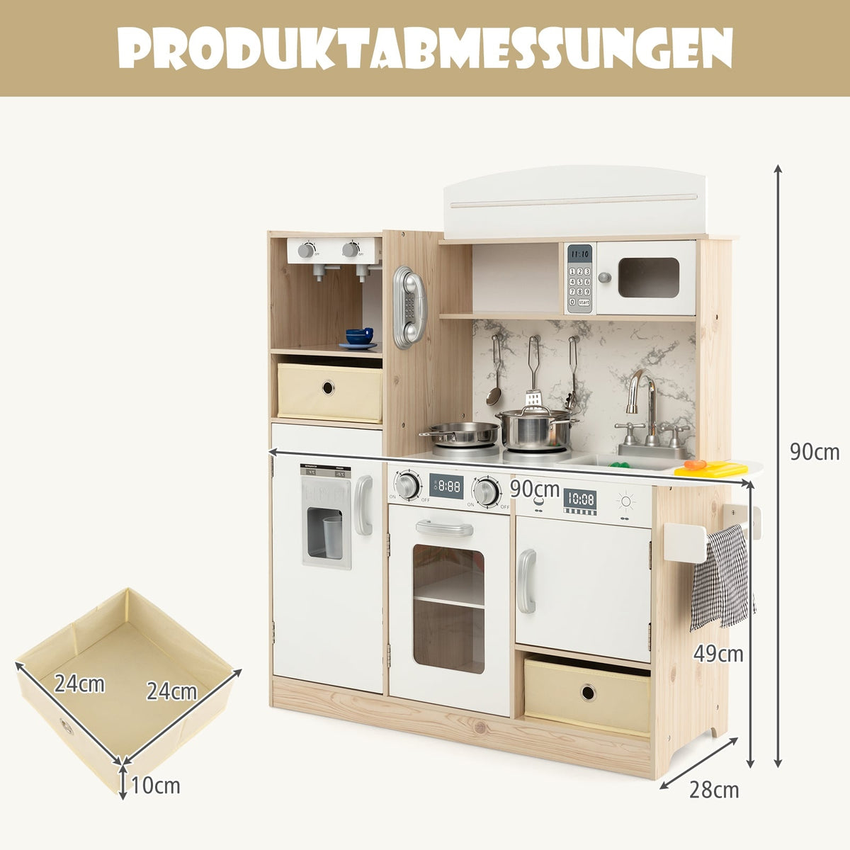 Wooden Play Kitchen Set with LED Lights & Storage