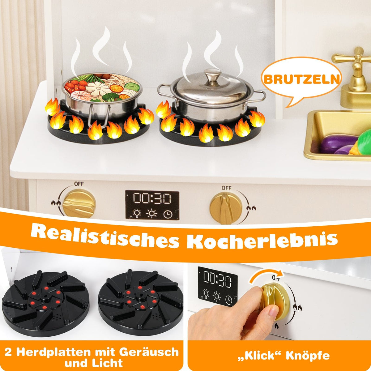 Wooden Play Kitchen Set with Stove, Light & Sound Effects