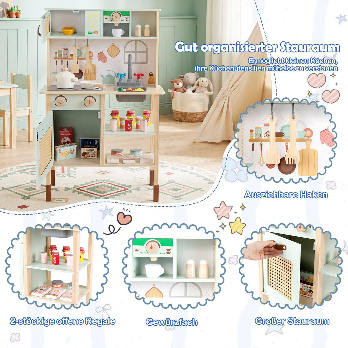 Wooden Play Kitchen for Kids with Light & Sound, Green
