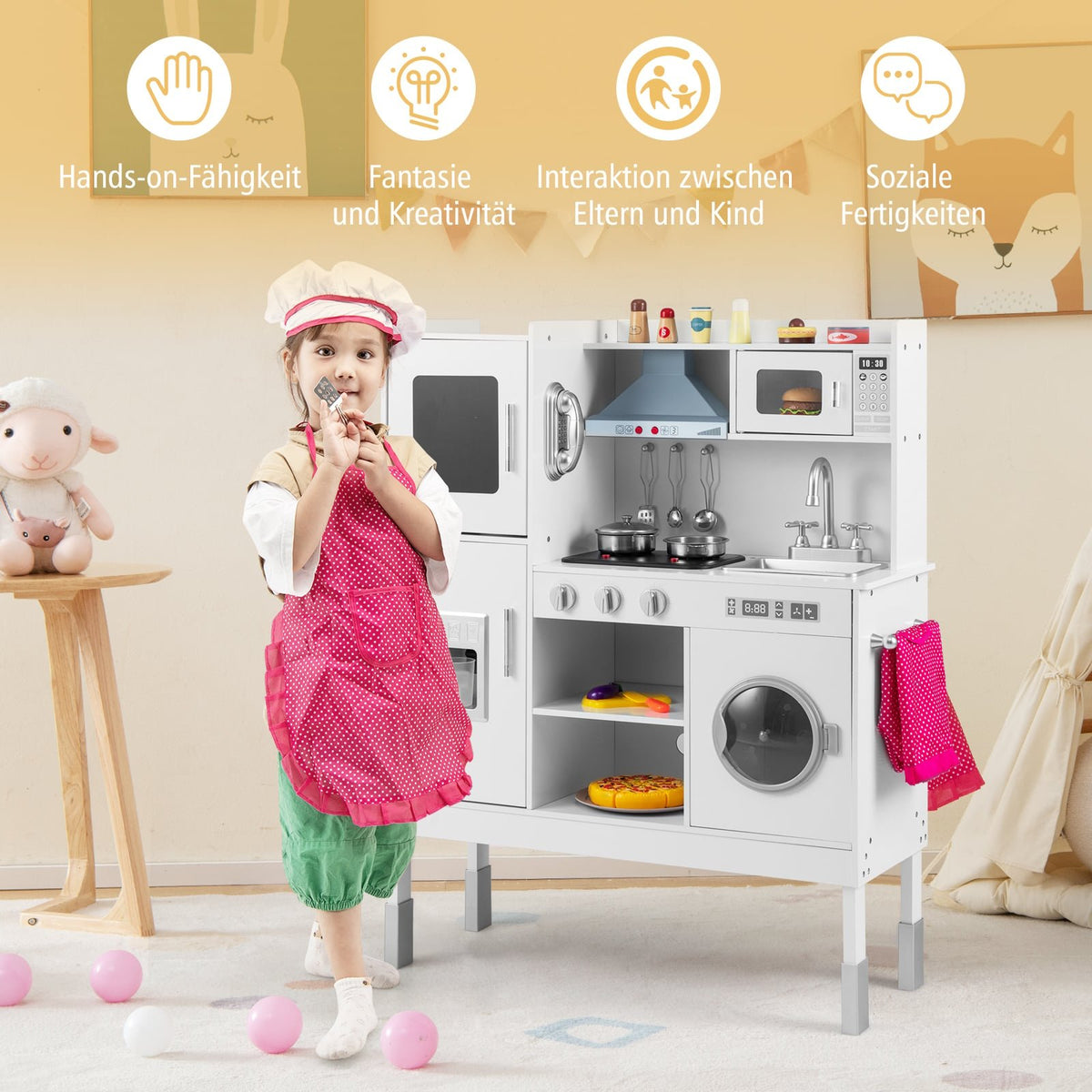 Wooden Play Kitchen with 16 Accessories for Kids 3+