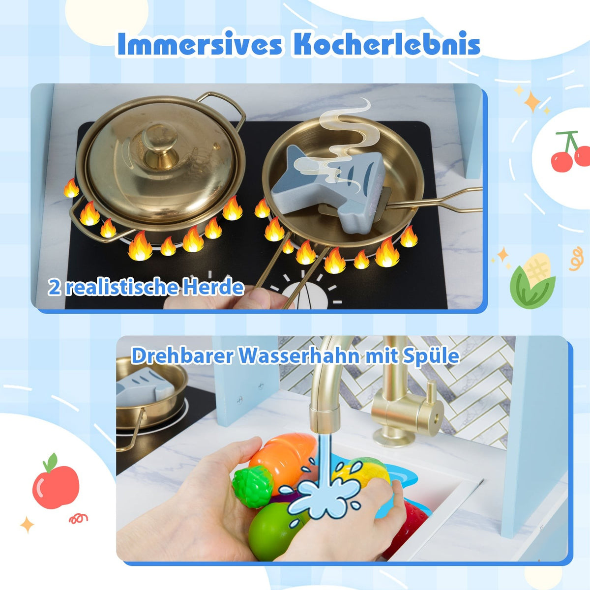 Wooden Play Kitchen with Coffee Machine & Ice Dispenser