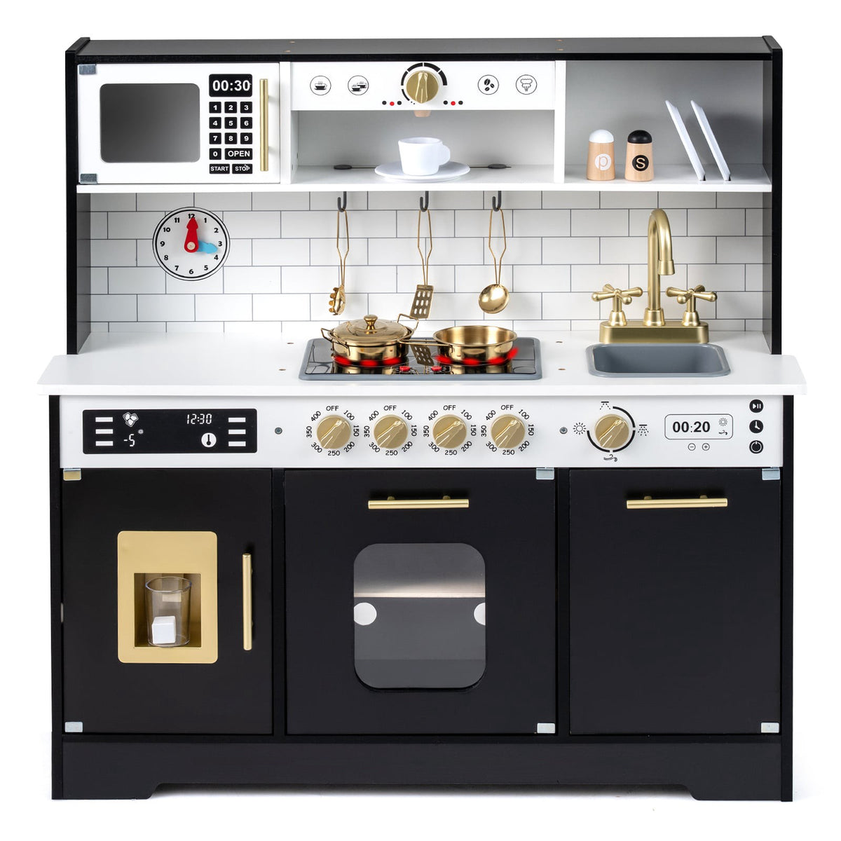 Wooden Play Kitchen with Light & Sound, Black, 14 Accessories