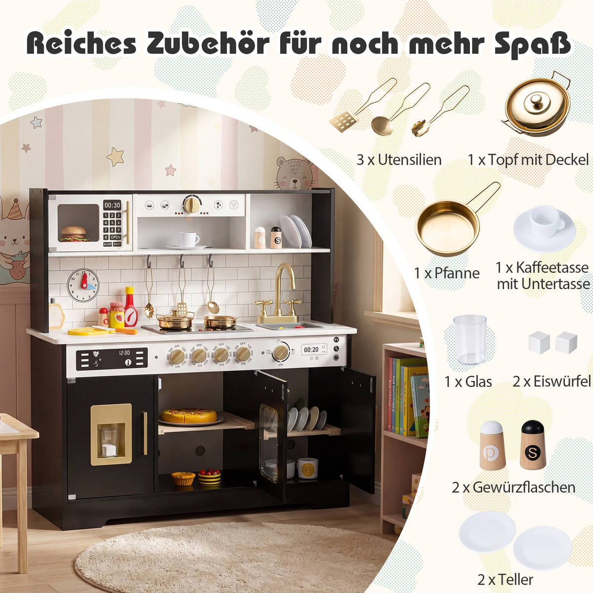 Wooden Play Kitchen with Light & Sound, Black, 14 Accessories