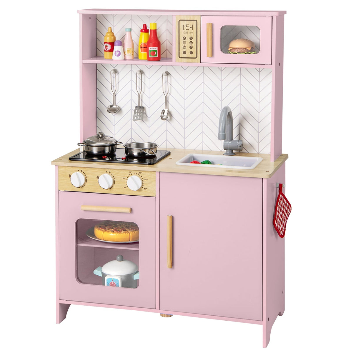 Wooden Play Kitchen with Microwave, Oven, Sink – Pink