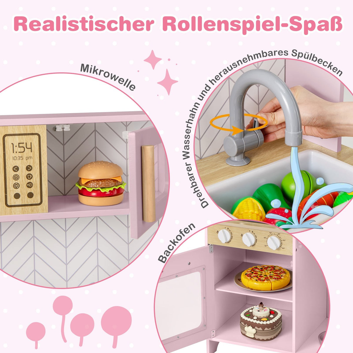 Wooden Play Kitchen with Microwave, Oven, Sink – Pink
